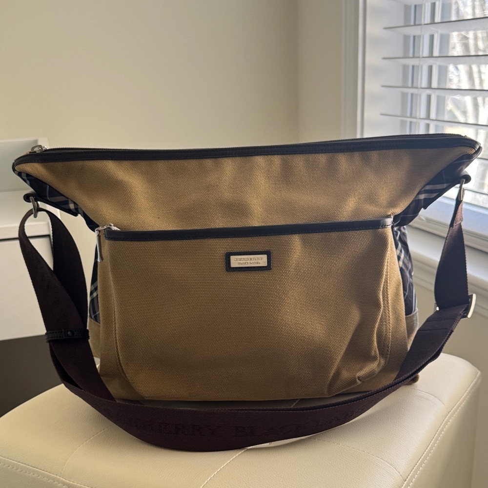 Burberry Black Label Tan Canvas Messenger Bag with Dark Brown Strap